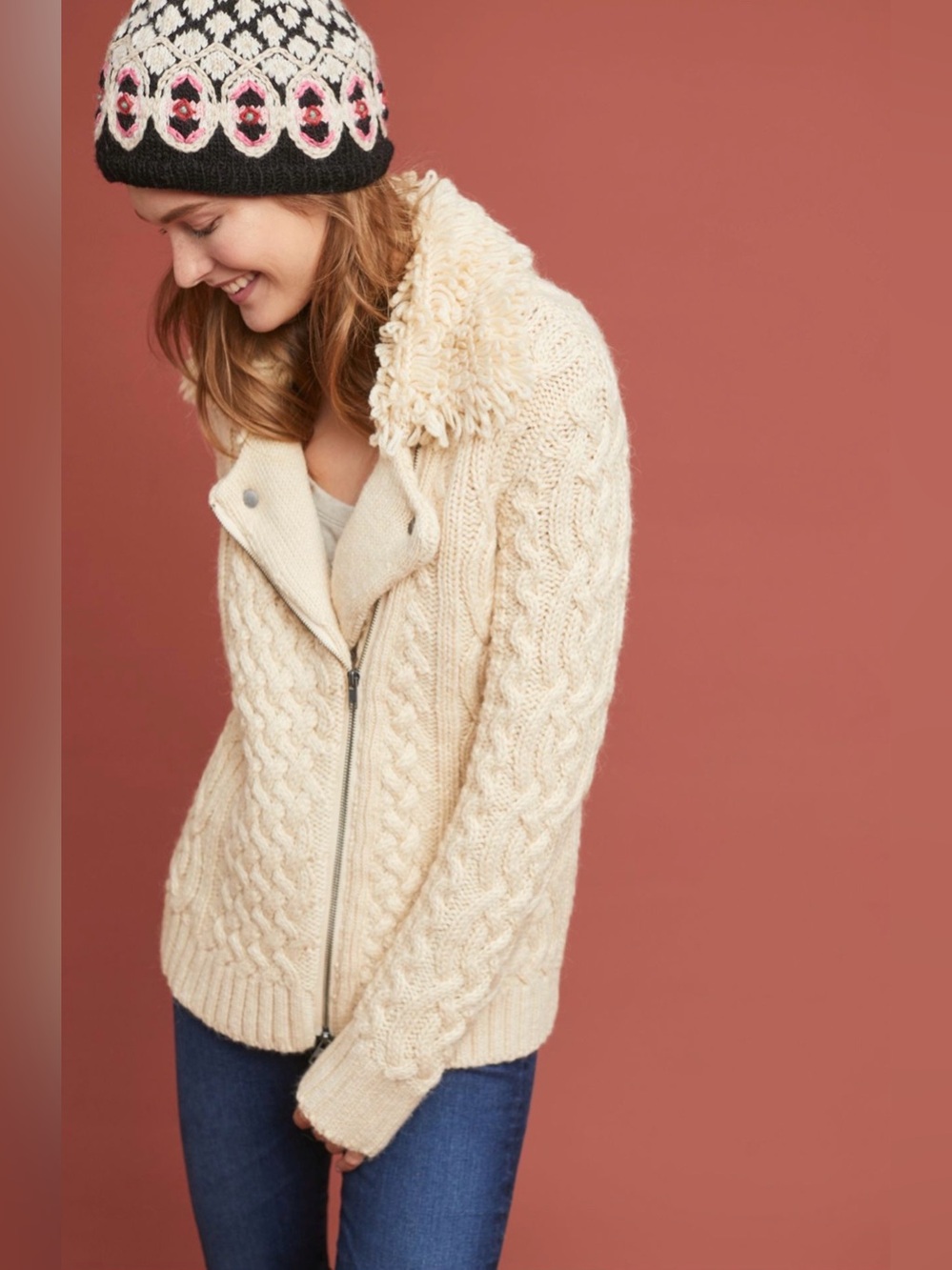 Anthropologie Moth Cream Moto Cable Knit Zip Sweater Jacket size S #1240